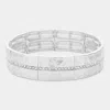 Fashnzfab Stone Paved Line Center Pointed Hammered Metal Stretch Bracelet Matte Silver In Silver