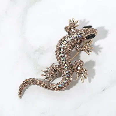 Fashnzfab Stone Paved Lizard Pin Brooch In Gold