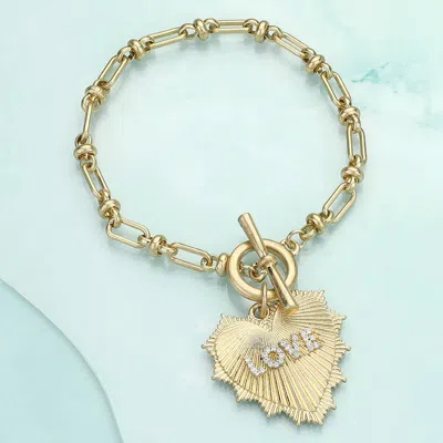 Fashnzfab Stone Paved Love Message Accented Textured Heart Charm Industrial Chain Toggle Bracelet Clear, Worn  In Multi