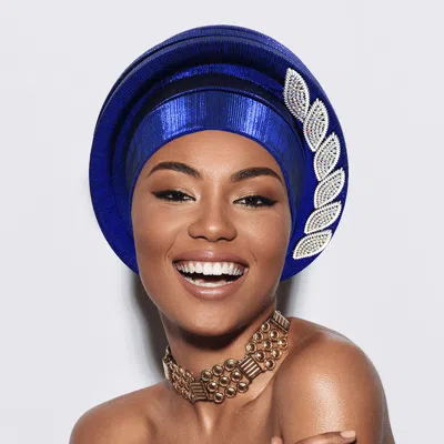 Fashnzfab Stone Paved Marquise Leaf Accent Layered Turban Hair Wrap In Blue