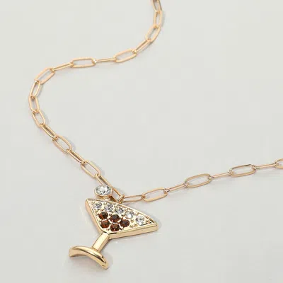 Fashnzfab Stone Paved Martini Glass Pendant Paperclip Chain Necklace In Gold
