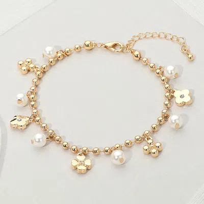 Fashnzfab Stone Paved Metal Floral Pearl Charm Station Beaded Chain Bracelet - Cream, Gold