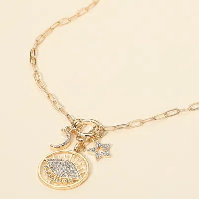 Fashnzfab Stone Paved Moon And Star Evil Eye Celestial Charm Pendant Necklace - Clear, Gold