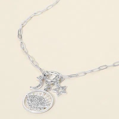 Fashnzfab Stone Paved Moon And Star Evil Eye Celestial Charm Pendant Necklace - Clear, Rhodium In Silver