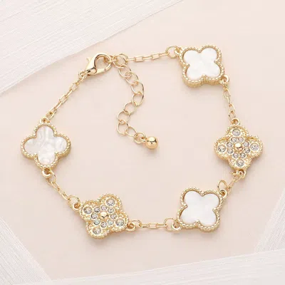 Fashnzfab Stone Paved Mother Of Pearl Quatrefoil Link Bracelet Gold, Mother Of Pearl, White In Multi