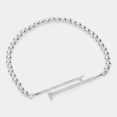Fashnzfab Stone Paved Nail Pointed Stainless Steel Ball Beaded Stretch Bracelet Silver
