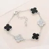 Fashnzfab Stone Paved Natural Stone Quatrefoil Link Bracelet - Black, Rhodium In Metallic