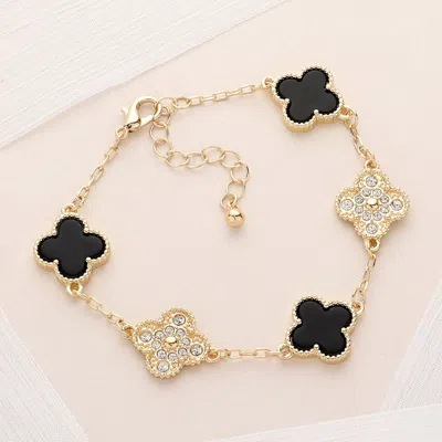 Fashnzfab Stone Paved Natural Stone Quatrefoil Link Bracelet Black, Gold In Multi