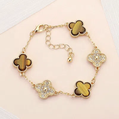 Fashnzfab Stone Paved Natural Stone Quatrefoil Link Bracelet Brown, Gold In Multi