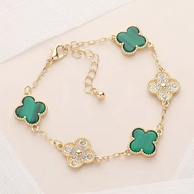 Fashnzfab Stone Paved Natural Stone Quatrefoil Link Bracelet In Gold