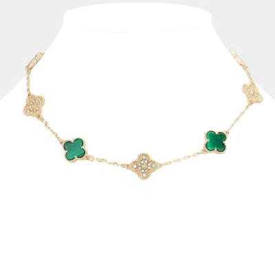 Fashnzfab Stone Paved Natural Stone Quatrefoil Station Necklace In Green