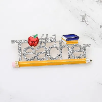 Fashnzfab Stone Paved Number 1 Teacher Pin Brooch In Metallic