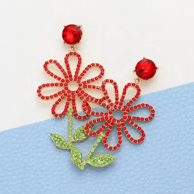 Fashnzfab Stone Paved Open Flower Dangle Earrings - Gold, Red In Multi