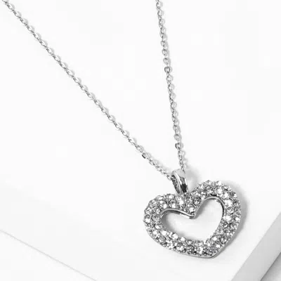 Fashnzfab Stone Paved Open Heart Pendant Necklace - Rhodium In Metallic