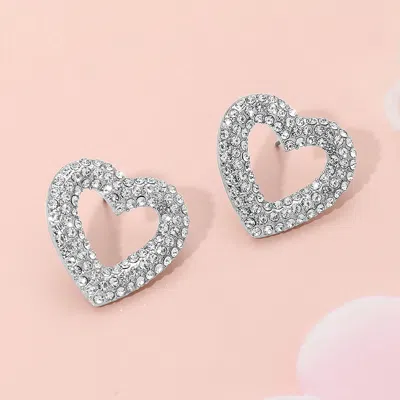 Fashnzfab Stone Paved Open Heart Stud Earrings In Silver