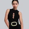 Fashnzfab Stone Paved Open Oval Buckle Accented Elastic Belt In Black