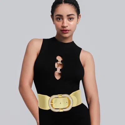 Fashnzfab Stone Paved Open Oval Buckle Accented Elastic Belt In Gold