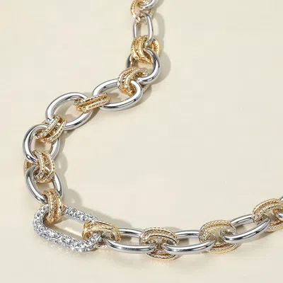 Fashnzfab Stone Paved Oval Ring Accented Two Tone Chunky Chain Necklace In Black
