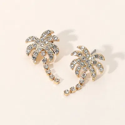 Fashnzfab Stone Paved Palm Tree Earrings - Clear, Gold In Silver