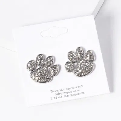 Fashnzfab Stone Paved Paw Stud Earrings In Silver