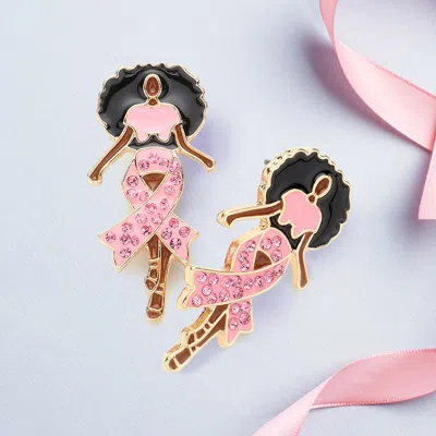 Fashnzfab Stone Paved Pink Ribbon Enamel Afro Woman Earrings - Gold, Light, Pink