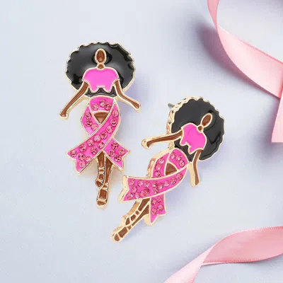 Fashnzfab Stone Paved Pink Ribbon Enamel Afro Woman Earrings - Gold, Pink