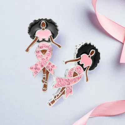 Fashnzfab Stone Paved Pink Ribbon Enamel Afro Woman Earrings - Light, Pink, Rhodium