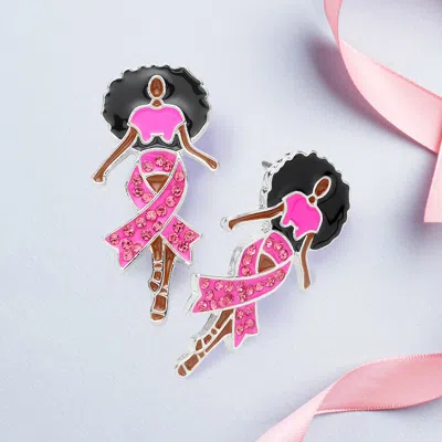Fashnzfab Stone Paved Pink Ribbon Enamel Afro Woman Earrings In Multi