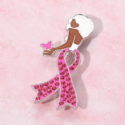 Fashnzfab Stone Paved Pink Ribbon Enamel Afro Woman Pin Brooch