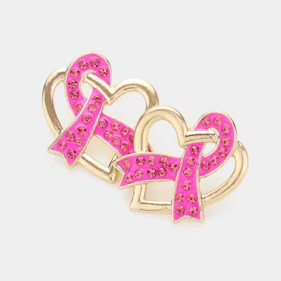Fashnzfab Stone Paved Pink Ribbon Pointed Open Heart Earrings