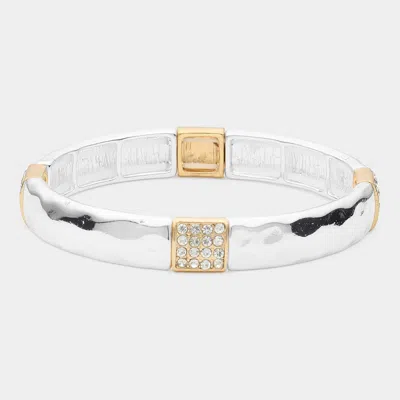 Fashnzfab Stone Paved Pointed Hammered Metal Stretch Bracelet Clear, Two Tone In Multi