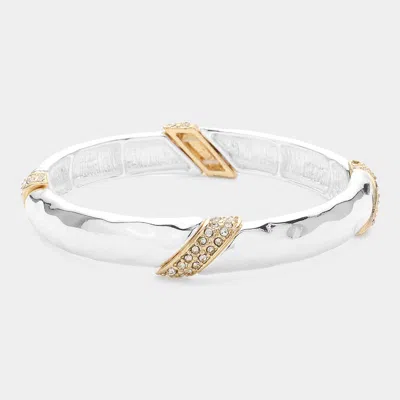 Fashnzfab Stone Paved Pointed Metal Stretch Bracelet Clear, Two Tone In Silver