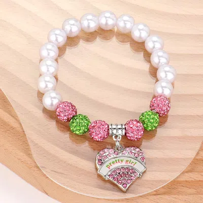 Fashnzfab Stone Paved Pretty Girl Message Heart Sorority Charm Pointed Shamballa Ball Pearl Beaded Stretch Bra In Multi