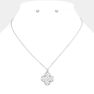 Fashnzfab Stone Paved Quatrefoil Pendant Necklace In Silver