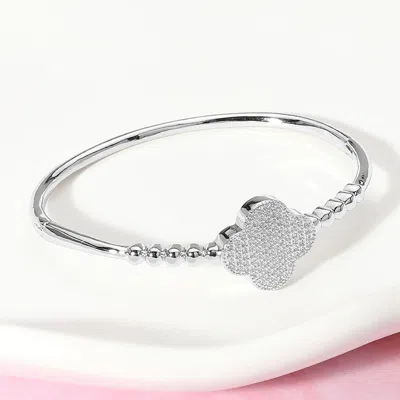 Fashnzfab Stone Paved Quatrefoil Pointed Hinged Bangle Bracelet Rhodium In Silver