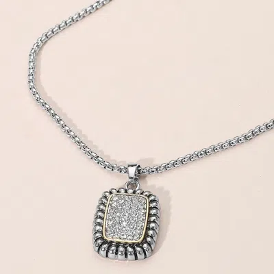 Fashnzfab Stone Paved Rectangular Beaded Frame Pendant Necklace - Two Tone In Multi