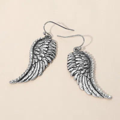 Fashnzfab Stone Paved Rim Antique Metal Angel Wing Dangle Earrings - Silver Burnished In Multi