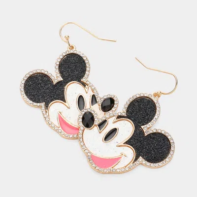 Fashnzfab Stone Paved Rim Enamel Glittered Steamboat Willie Dangle Earrings In Black