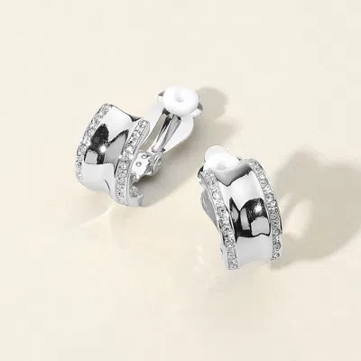 Fashnzfab Stone Paved Rim Metal Half Hoop Clip On Earrings In Silver