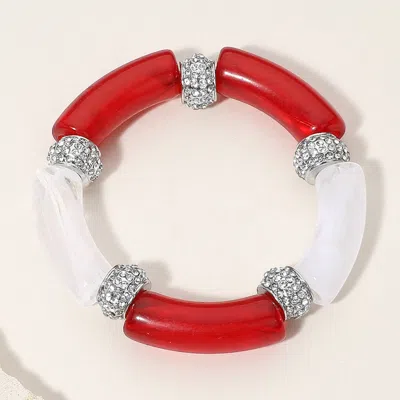 Fashnzfab Stone Paved Ring Celluloid Acetate Bar Beaded Stretch Bracelet Red, White In Multi