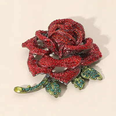 Fashnzfab Stone Paved Rose Pin Brooch In Red