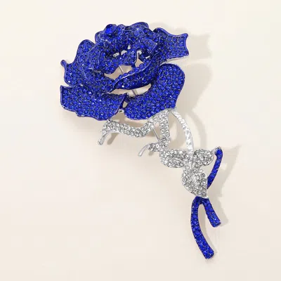 Fashnzfab Stone Paved Rose Stem Pin Brooch In Blue