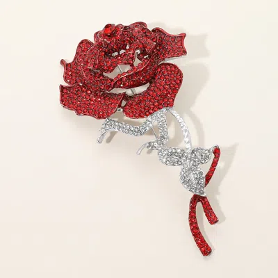 Fashnzfab Stone Paved Rose Stem Pin Brooch In Red