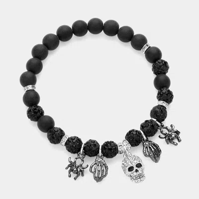 Fashnzfab Stone Paved Skull Metal Spider Skeleton Charm Pointed Shamablla Ball Beaded Stretch Bracelet Black,  In Multi