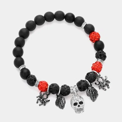 Fashnzfab Stone Paved Skull Metal Spider Skeleton Charm Shamballa Ball Beaded Stretch Bracelet Multi, Red