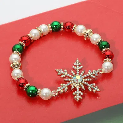 Fashnzfab Stone Paved Snowflake Charm Holiday Pearl Beaded Stretch Bracelet Gold, Multi In Silver