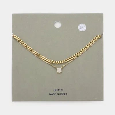 Fashnzfab Stone Paved Square Pendant Double Layered Necklace In Gold