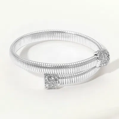 Fashnzfab Stone Paved Square Tip Ripped Adjustable Bracelet Clear, Silver In Multi