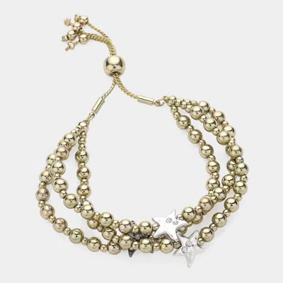 Fashnzfab Stone Paved Star Pointed Beaded Triple Layered Pull Tie Cinch Bracelet Three Tone In Multi