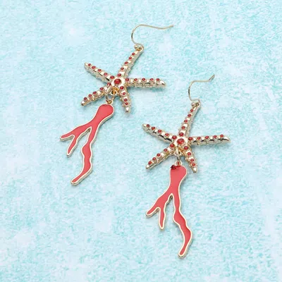 Fashnzfab Stone Paved Starfish Enamel Coral Link Dropdown Dangle Earrings In Multi